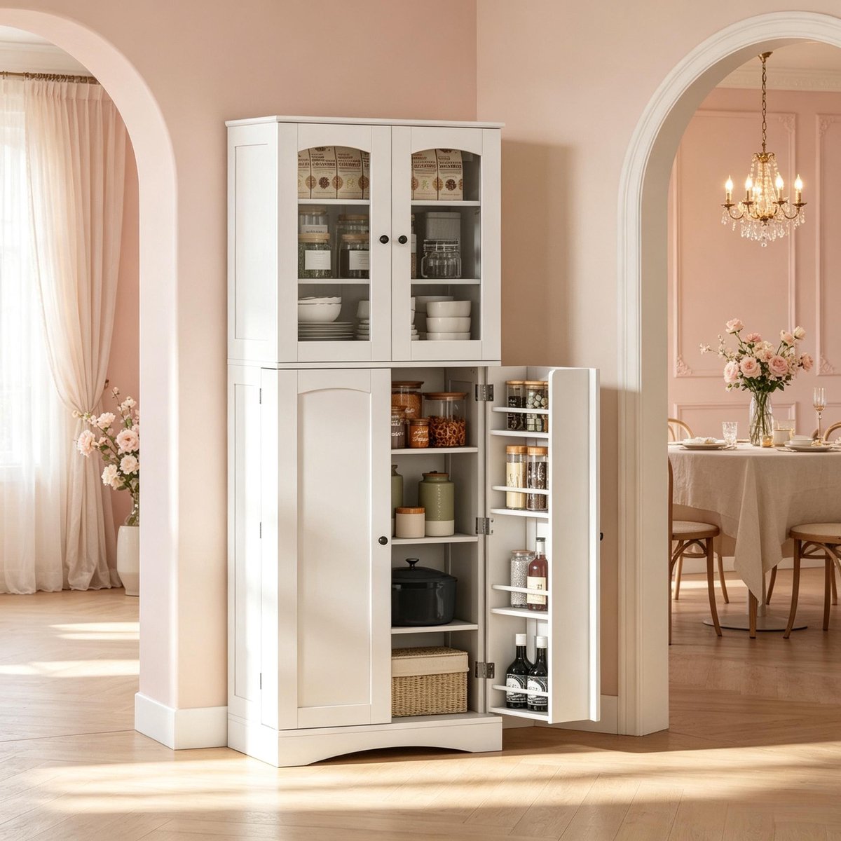 DESMIU Keukenkast Hoge Voorraadkast Met Verstelbare Planken En Glazen Deuren Voor Keuken En Eetkamer Wit MDF 60 X 40 X 162 Cm