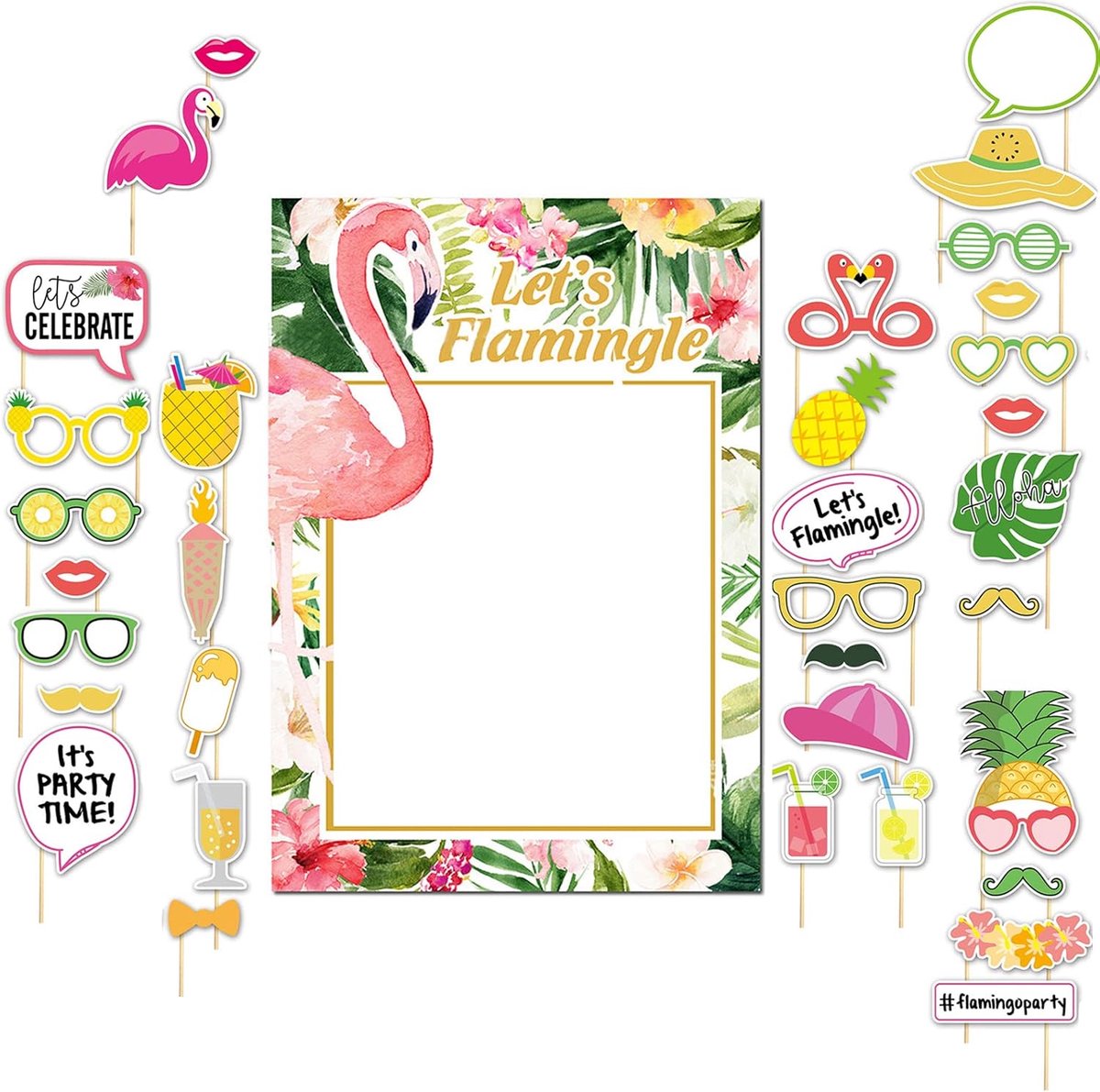 36Pcs Party Photo Booth Props Kit Flamingo and Pineapple Party Supplies Summer Fruit Party Decorations for Tropical - ShopVlot