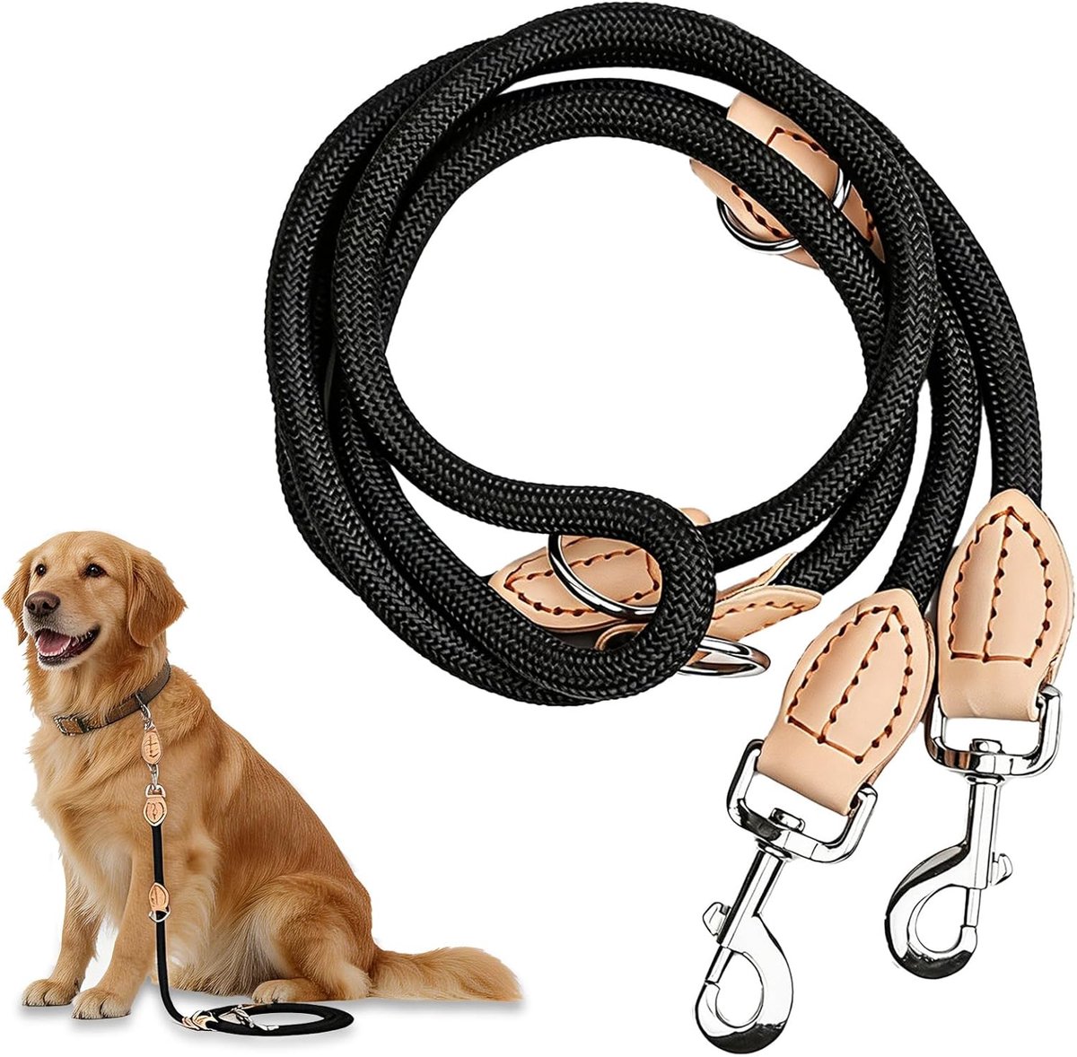 Adjustable Recall Lead, 2.1 Metre Double Lead, Versatile Dog Lead with 2 Carabiner Hooks, Suitable for Small to Large - ShopVlot