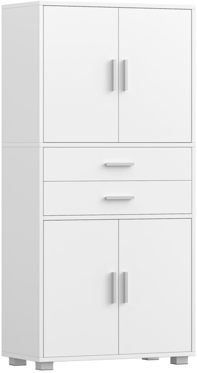 Hzuaneri badkamerkast, Hoge Badkamer Opbergruimte met Verstelbare Planken, Ladenkast met 4 Kastdeuren en 2 Laden, Modern, voor Woonkamer, Badkamer 30 x 60 x 125,5 cm Wit