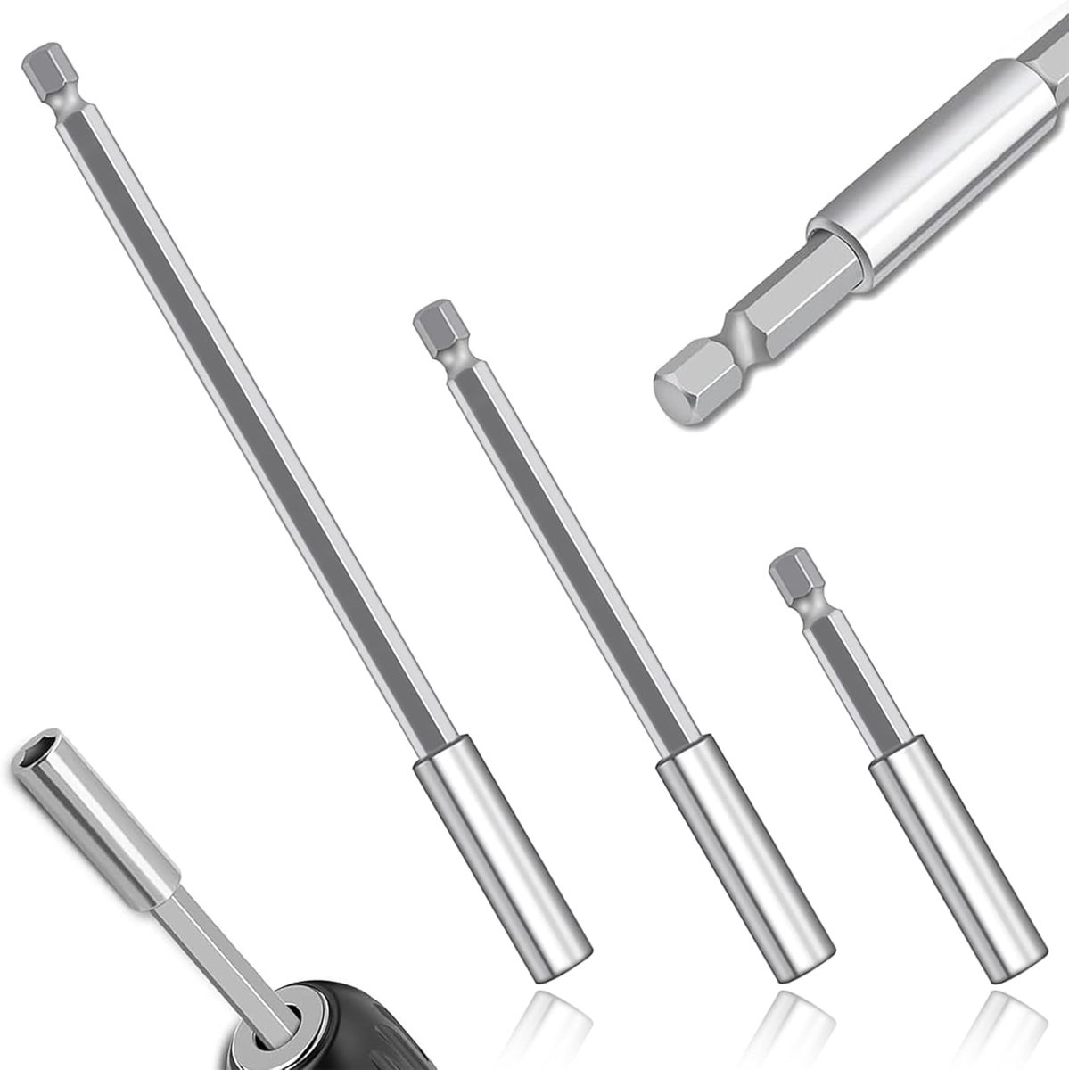 Bit extension magnetic, set of 3 long bit holders made of heavy steel, 1/4 hexagon for cordless screwdriver and drill - ShopVlot