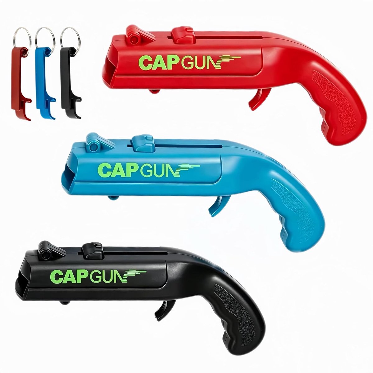 3 stuks Cap Gun flesopener pistool, met 3 flesopeners sleutelhanger, grappige flesopener, biercadeau voor mannen - ShopVlot