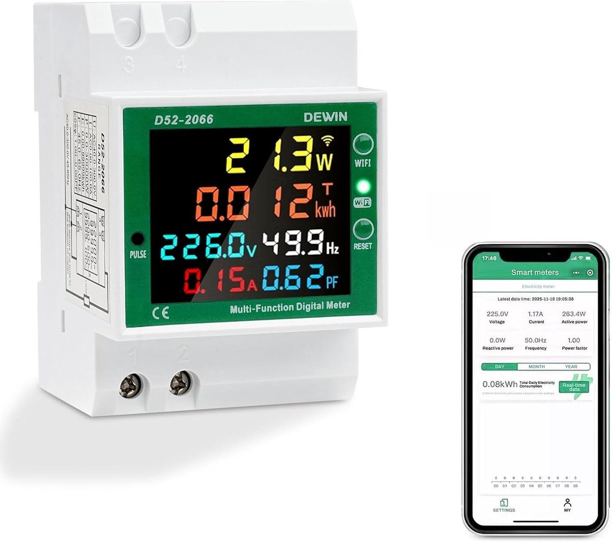 DEWIN Single-phase WLAN current meter 6-in-1, 100A, AC 40-300V, voltage, current, power and frequency factor - ShopVlot