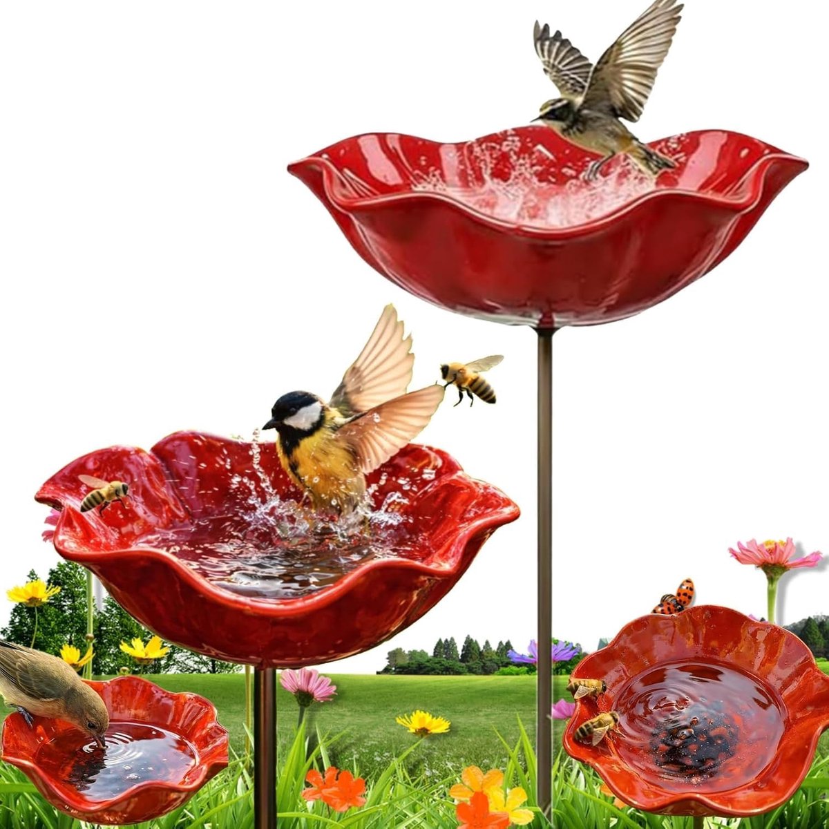 Metalen bloemen tuinsteker, vogelbad, bloem bijenbad voor de tuin, handgemaakte metalen bloem tuin stake vogelbad (2 - ShopVlot