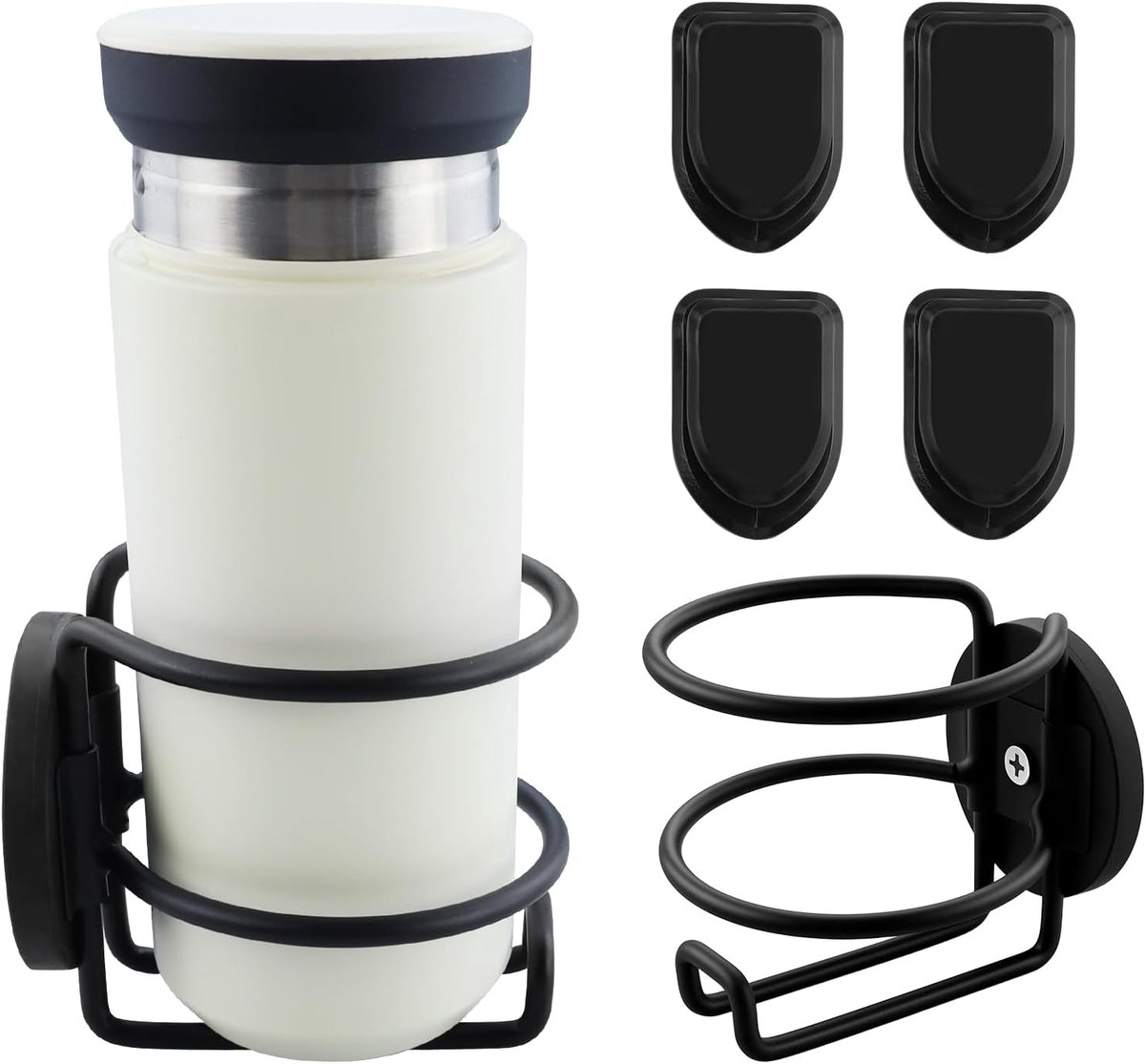 1 Pcs Black Magnetic Cup Holder Stainless Steel with 4 Pcs Self Adhesive Hooks Back Wall Mount Universal Coffee Cup - ShopVlot