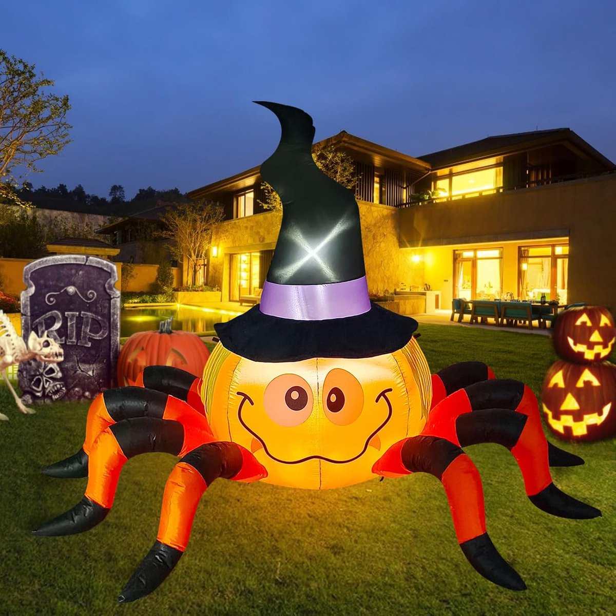 Kalolary 6.5 FT Length Halloween Inflatable Decorations Pumpkin Spider with Witch Hat Inflatable Garden Decoration for - ShopVlot
