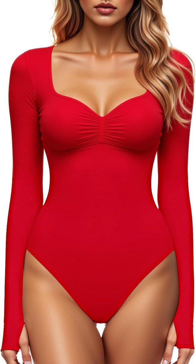 Women's Square V-Neck Bodysuit Sexy Fashion Long Sleeve Stretch Top Dragee Red XL, Dragee Red - ShopVlot