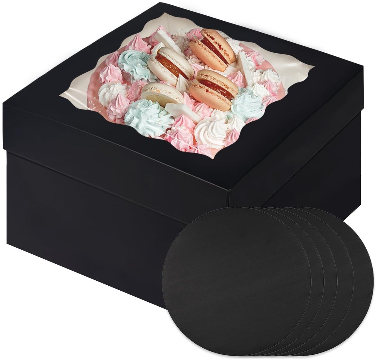 Solidchoice - Set van 5 Zwarte Cakeboxen met Venster en Cakeplaten