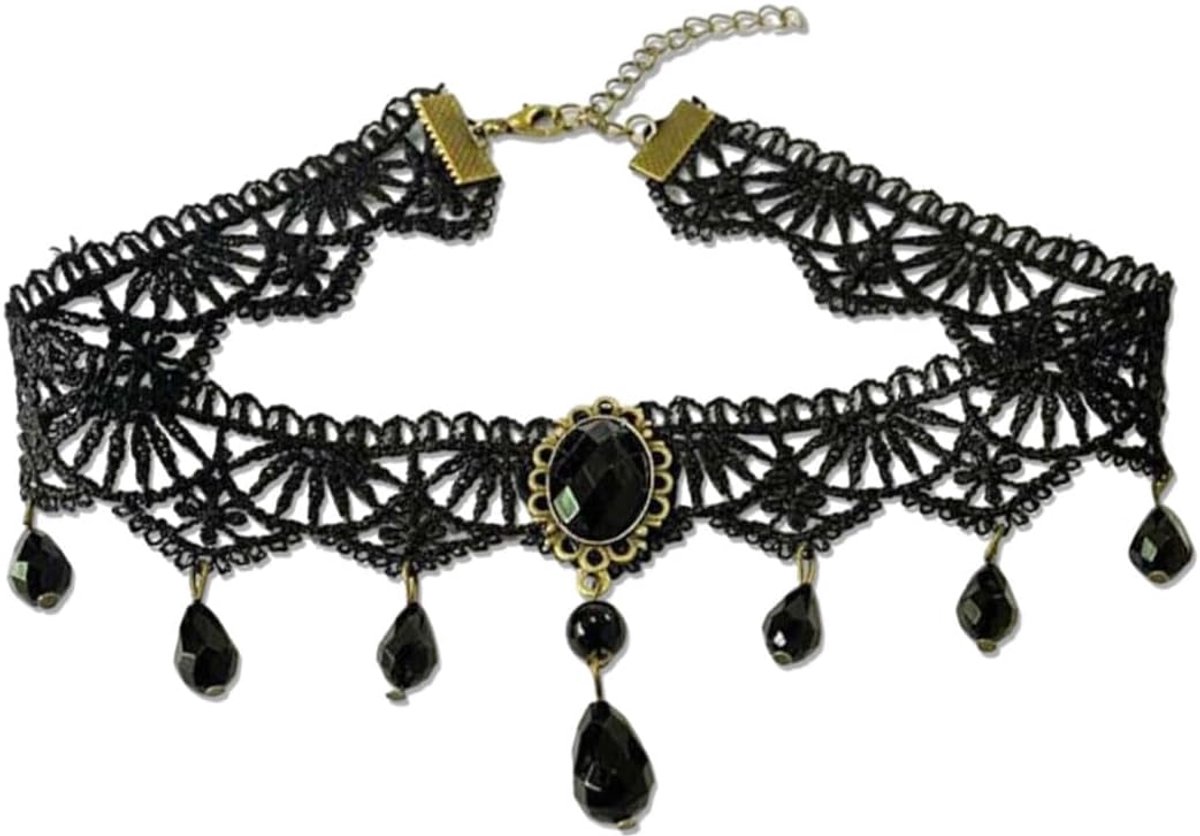 Gothic Ketting - Zwarte Kanten Kraag - Met Kwastjes en Edelstenen - Perfect voor Halloween - ShopVlot