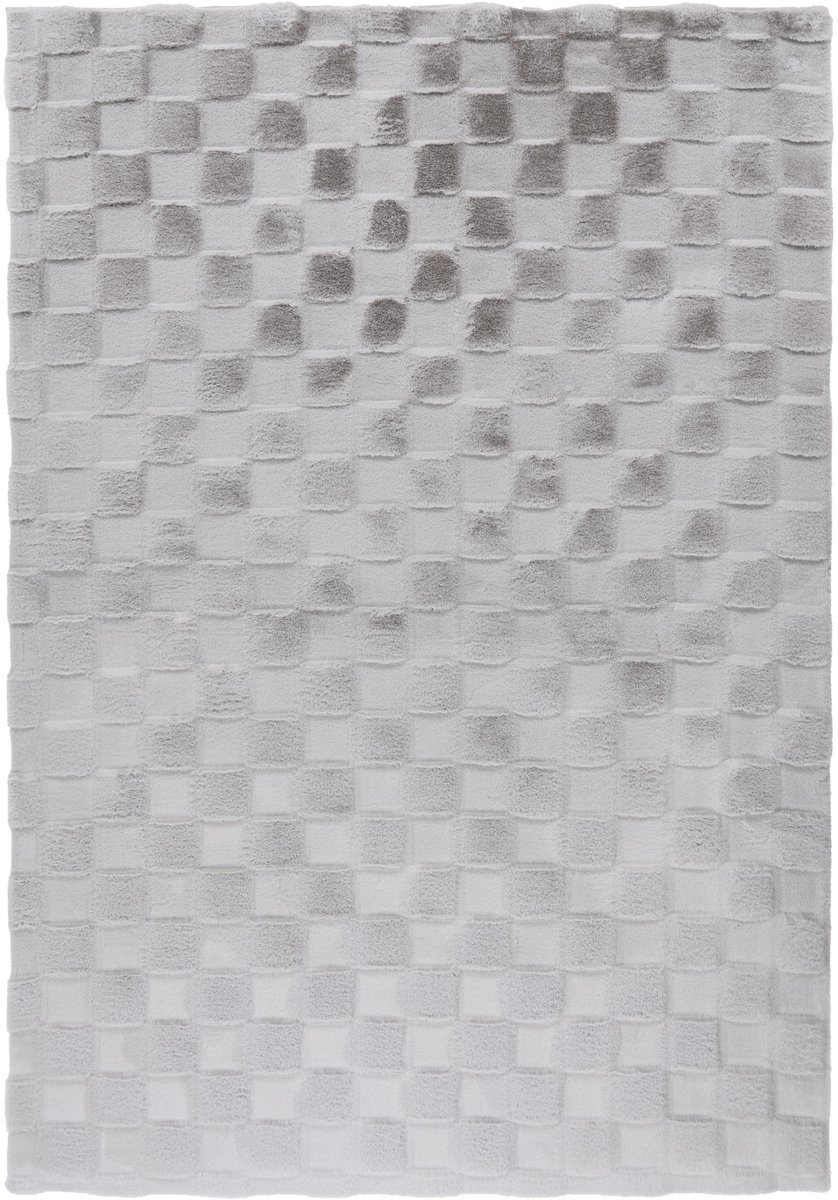 Padiro laagpolig vloerkleed 80 x 150 cm - zilver - geometrisch ruit- en blokpatroon - geschikt voor vloerverwarming - van polyester