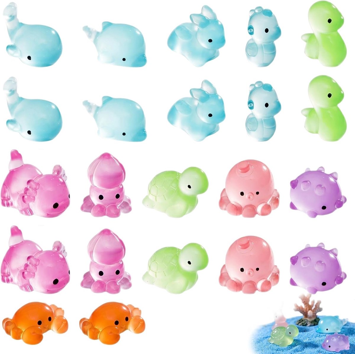 Mini dieren set 22 stuks - kunsthars - lichtgevende mariene dieren - perfect voor aquariums en micro landschappen - ShopVlot