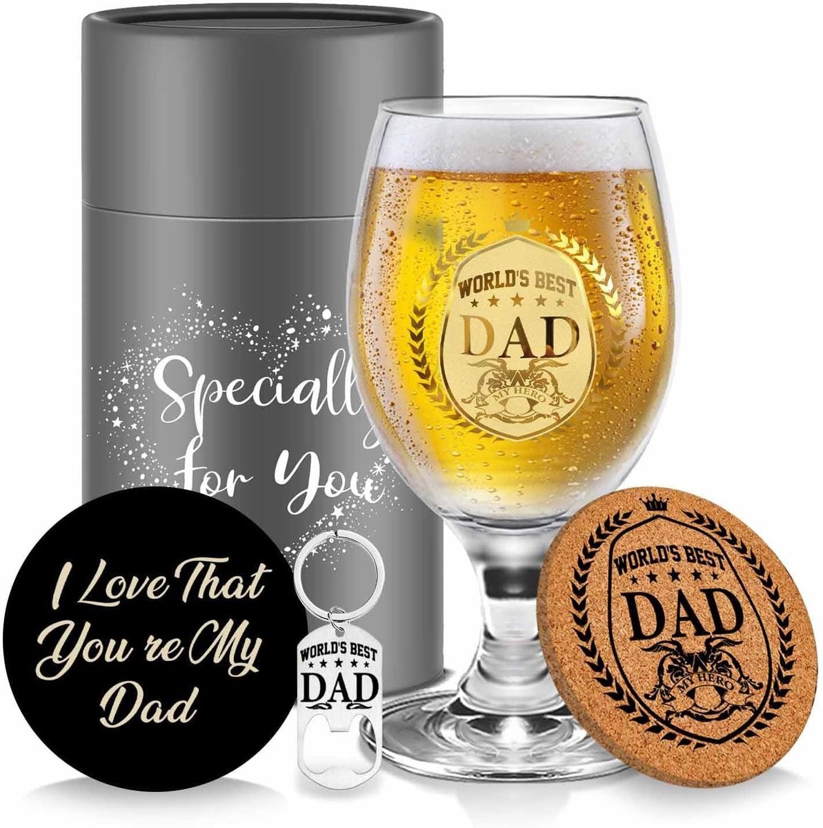 Gepersonaliseerd Bierglas Set - Grijs - 400 ml - Luxe Geschenkdoos met Onderzetter en Sleutelhanger - Voor Vaderdag en Verjaardagen