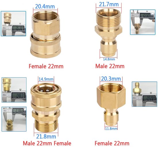 4pcs M22-14/15mm Hoge Druk Wasmachine Adapter Set - Messing Tuinslang Kranen Aansluiting - Snelle Ontkoppelset Voor Jet Wash En Hogedrukreiniger Slang Pomp van Merkloos	 — afbeelding 5