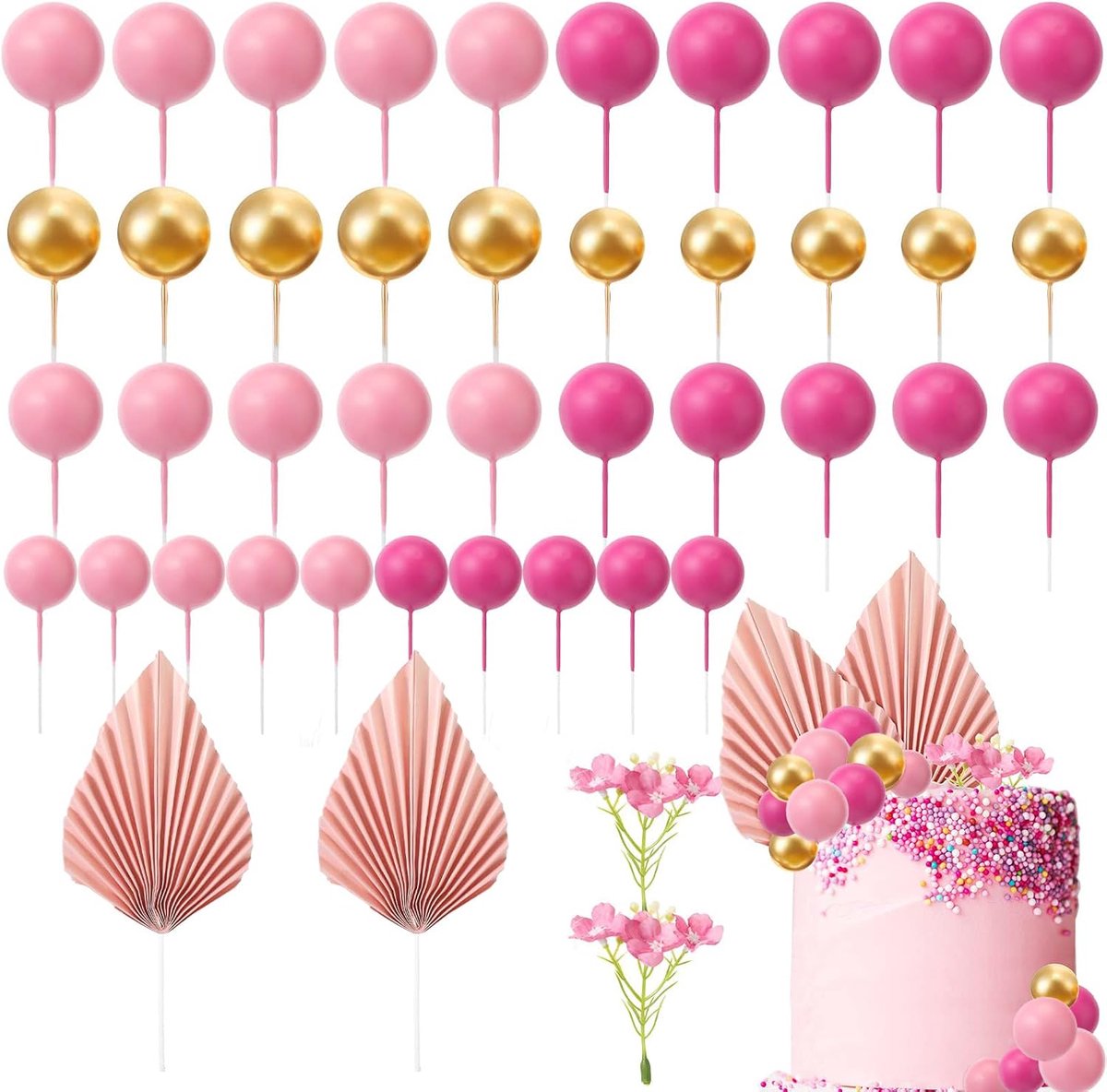 Cake Decoratie Ballen 42 Stuks - Boho Cake Decoratie - Mini Ballen van Papier en Foam - ShopVlot