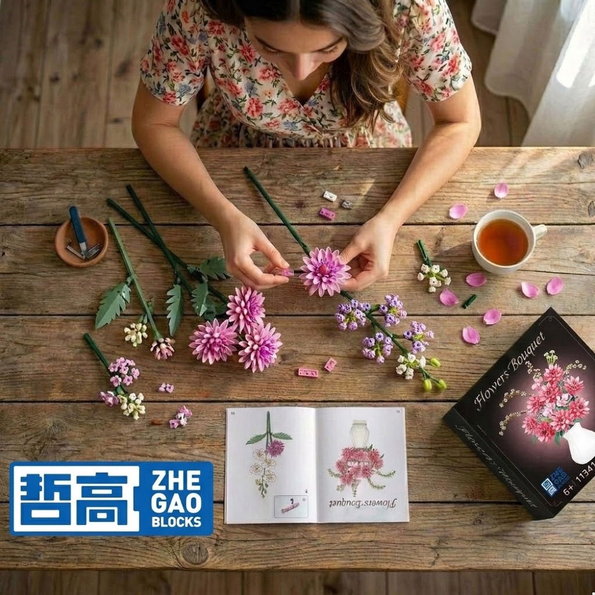 Zhe Gao 11341 Dahlia bloemen bouwset | Botanical Flowers Collection modelbouw | Classic Creator STEM speelgoed bouwpakket voor volwassenen en kinderen | Educatief decoratie Kunstbloemen boeket niet geschikt voor Lego | bouwdoos met 1796 bouwstenen — afbeelding 6