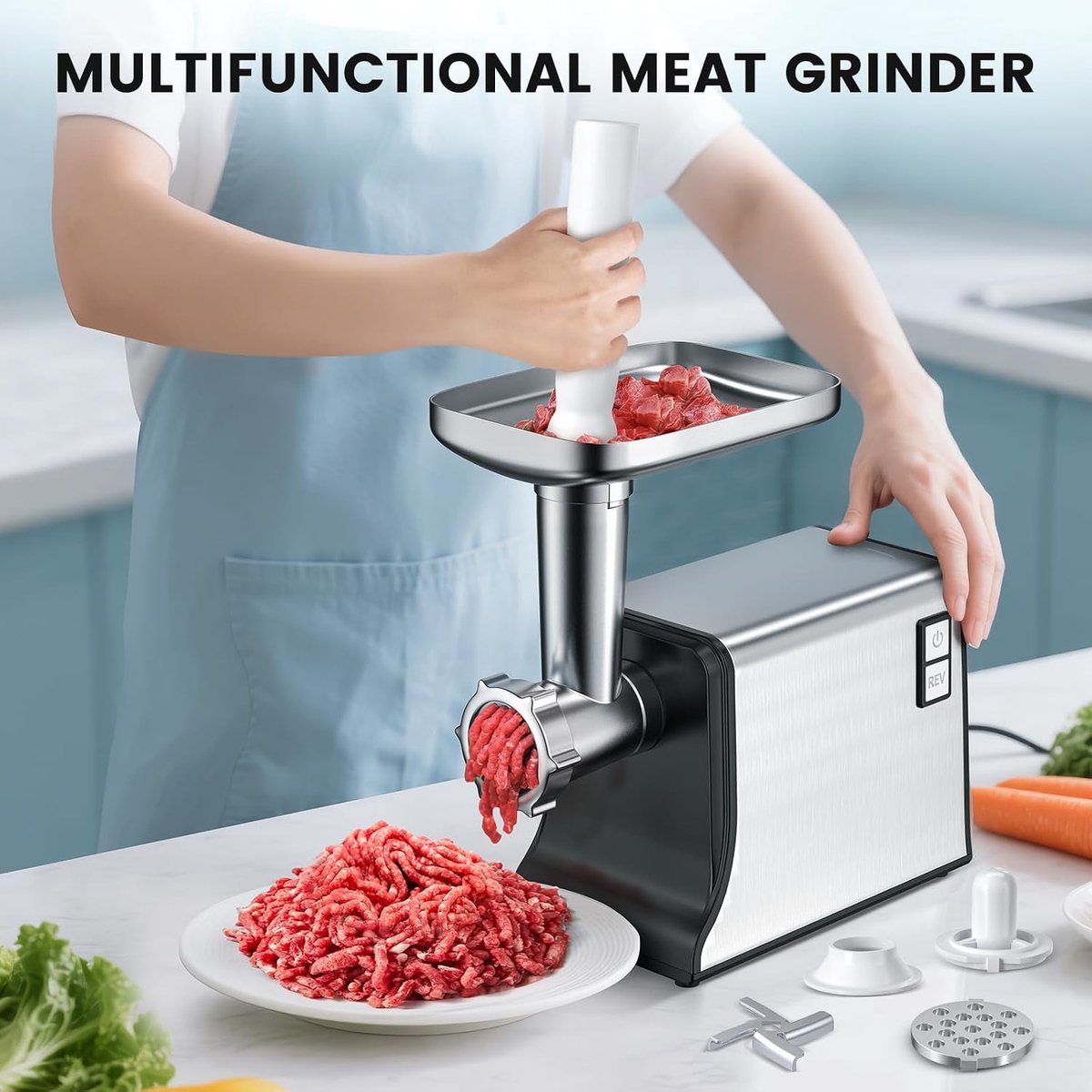 Electric Meat Grinder 4-in-1, Stainless Steel Plates, 3.5kg/min Capacity, Copper Motor, with 3 Knives, Cubbe and - ShopVlot