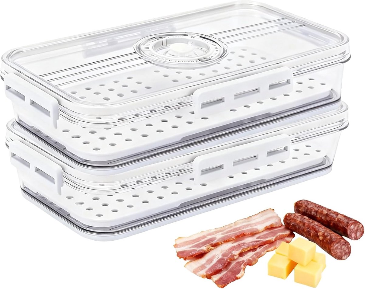 Cheese and Sausage Storage Fridge Set of 2 - Transparent Airtight Cutlery Box with Timer and Drainer Insert as a - ShopVlot