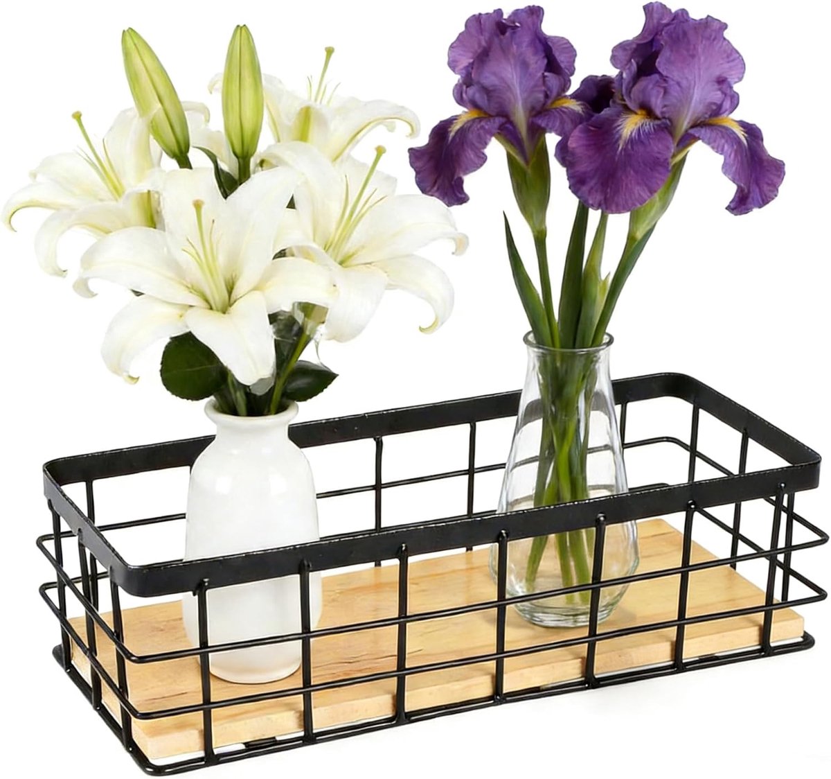 Wire Basket, Black, Metal Basket with Wooden Base as Storage Basket and Wall Basket, Versatile Hanging Storage for - ShopVlot
