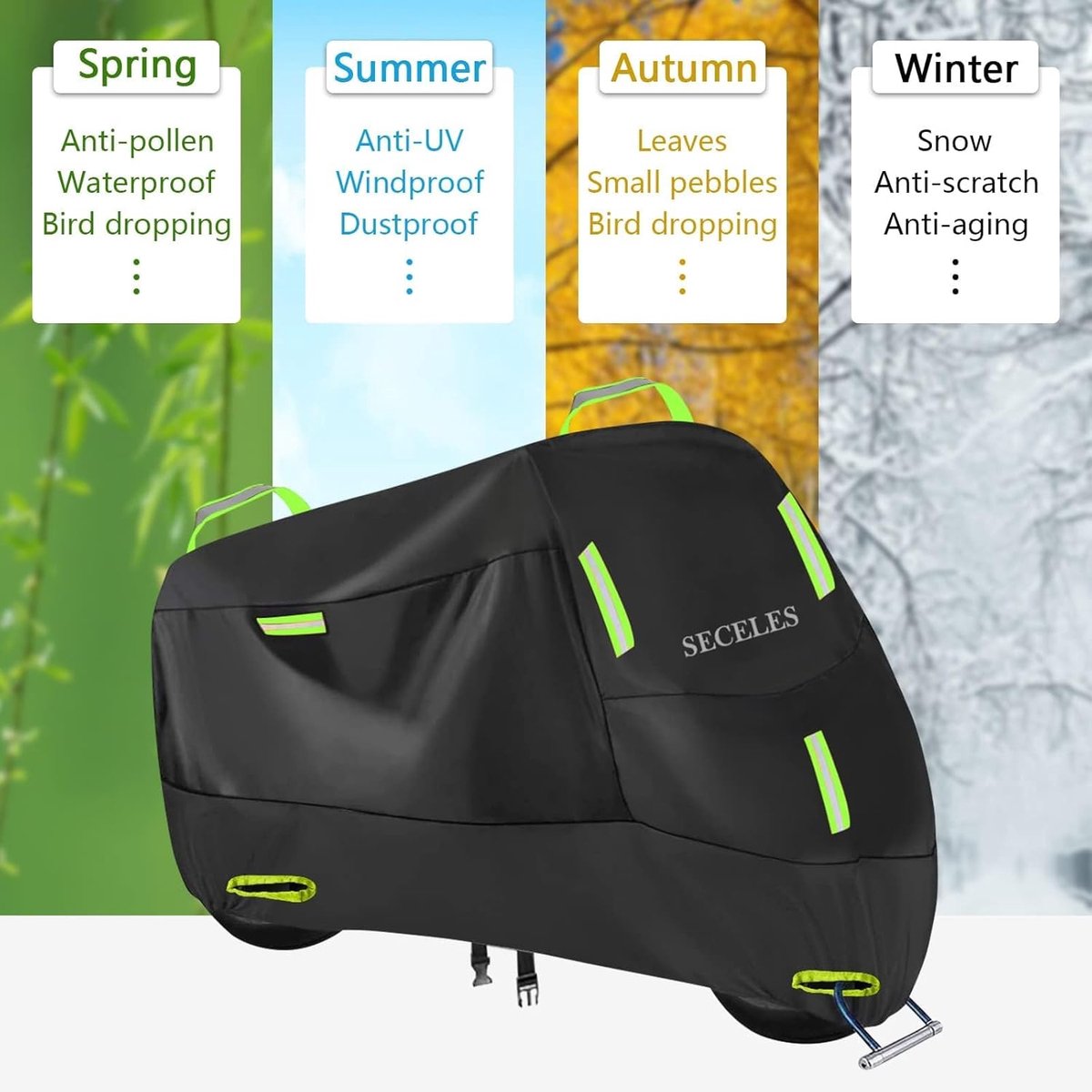 300D Waterproof Motorcycle Cover Outdoor, Motorcycle Cover Wind Rain UV Fabric Protective with 7 Reflective Strips and - ShopVlot