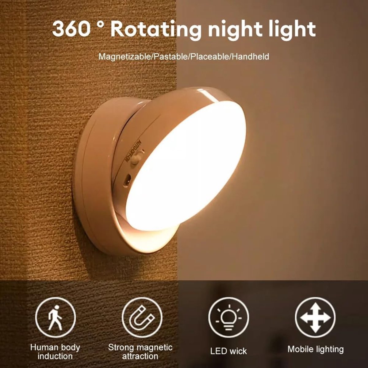 Ziyan 360° Rotatable Motion Sensor LED Night Light Wall Lights USB Rechargeable Under Cabinet Light Wireless Cabinet - ShopVlot