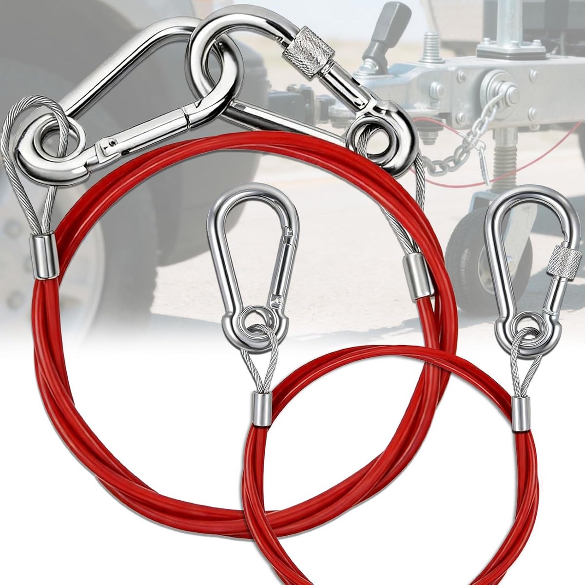 2 x Trailer Tear-off Rope, with 2 Carabiner Tear-off Cord Carabiner Tensile Strength 400 kg for Braked Trailers and - ShopVlot