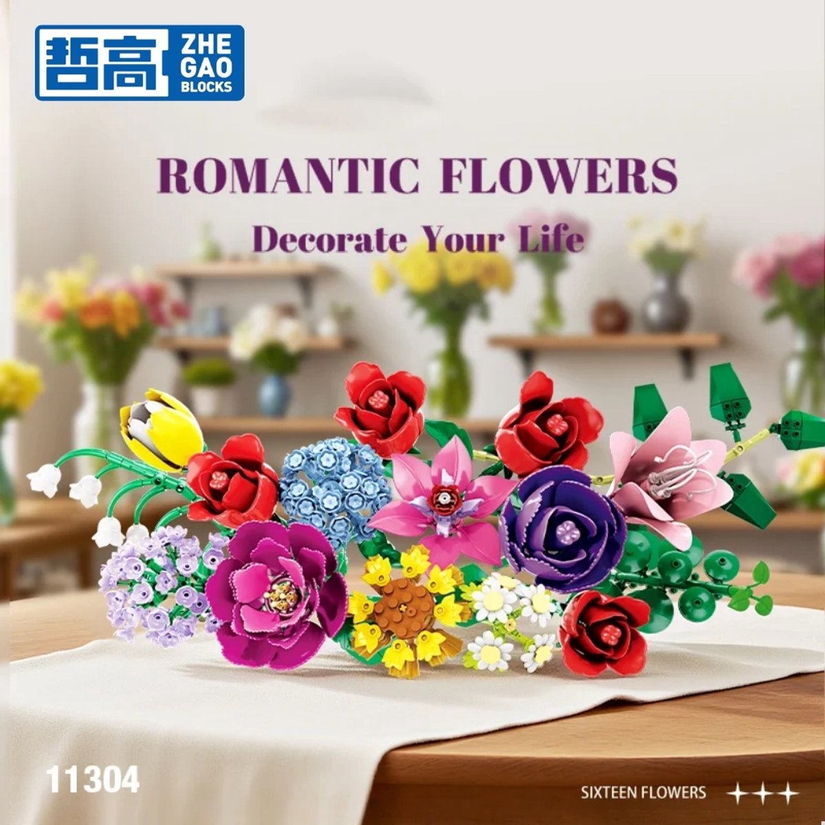 Zhe Gao 11304 Kleurrijke bloemen bouwset | Botanical Flowers Collection modelbouw | Classic Creator STEM speelgoed bouwpakket voor volwassenen en kinderen | Educatief decoratie Kunstbloemen boeket niet geschikt voor Lego | bouwdoos met 907 bouwstenen — afbeelding 8