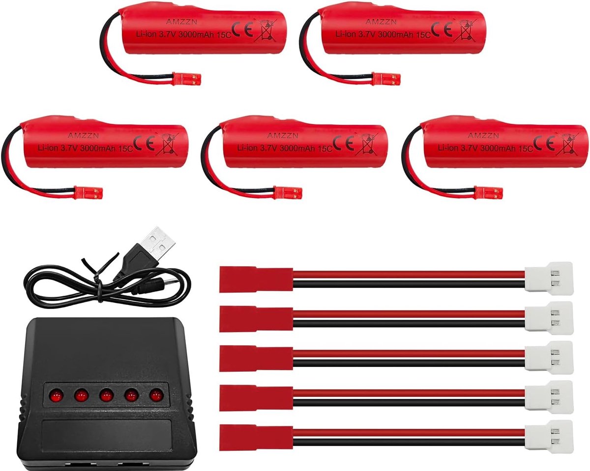 5pcs Lithium Ion Battery 3.7V 3000mAh with JST-2P Plug and 5-in-1 Charger, Suitable for HJ819 DE819 RC Boat, Huina - ShopVlot