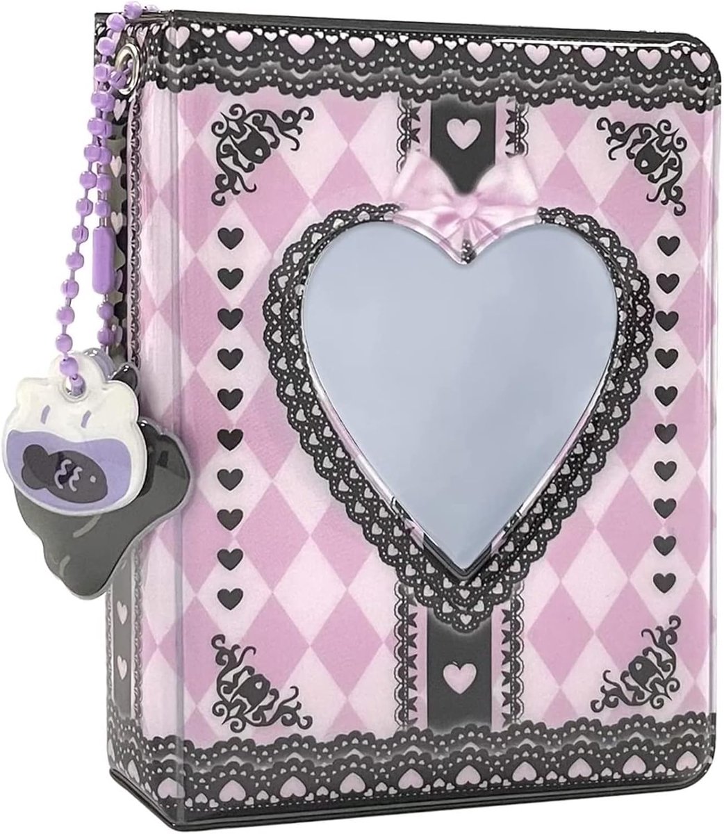3 Inch Black & Pink Mini Photo Album, Lace Heart Heart Hollow Card Binder Photo Album Kpop Photo Card Holder with - ShopVlot