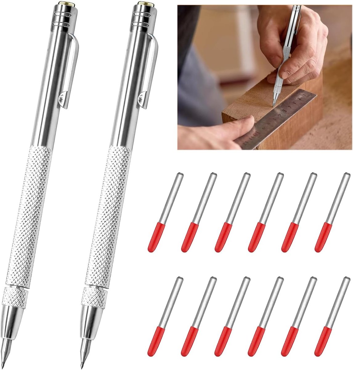 2Pcs Tungsten Carbide Tip Scriber, Scribe Tool Etching Set Magnetic with 12 Replacement Marking Tip Red Hat for Glass - ShopVlot