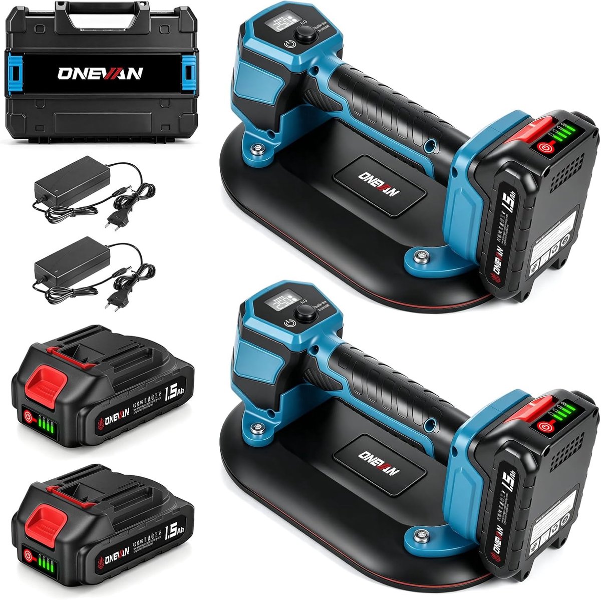ONEVAN Set van 2 elektrische zuignappen, werkt op batterijen, 21 V met automatische pomp, professionele vacuüm lifter - ShopVlot