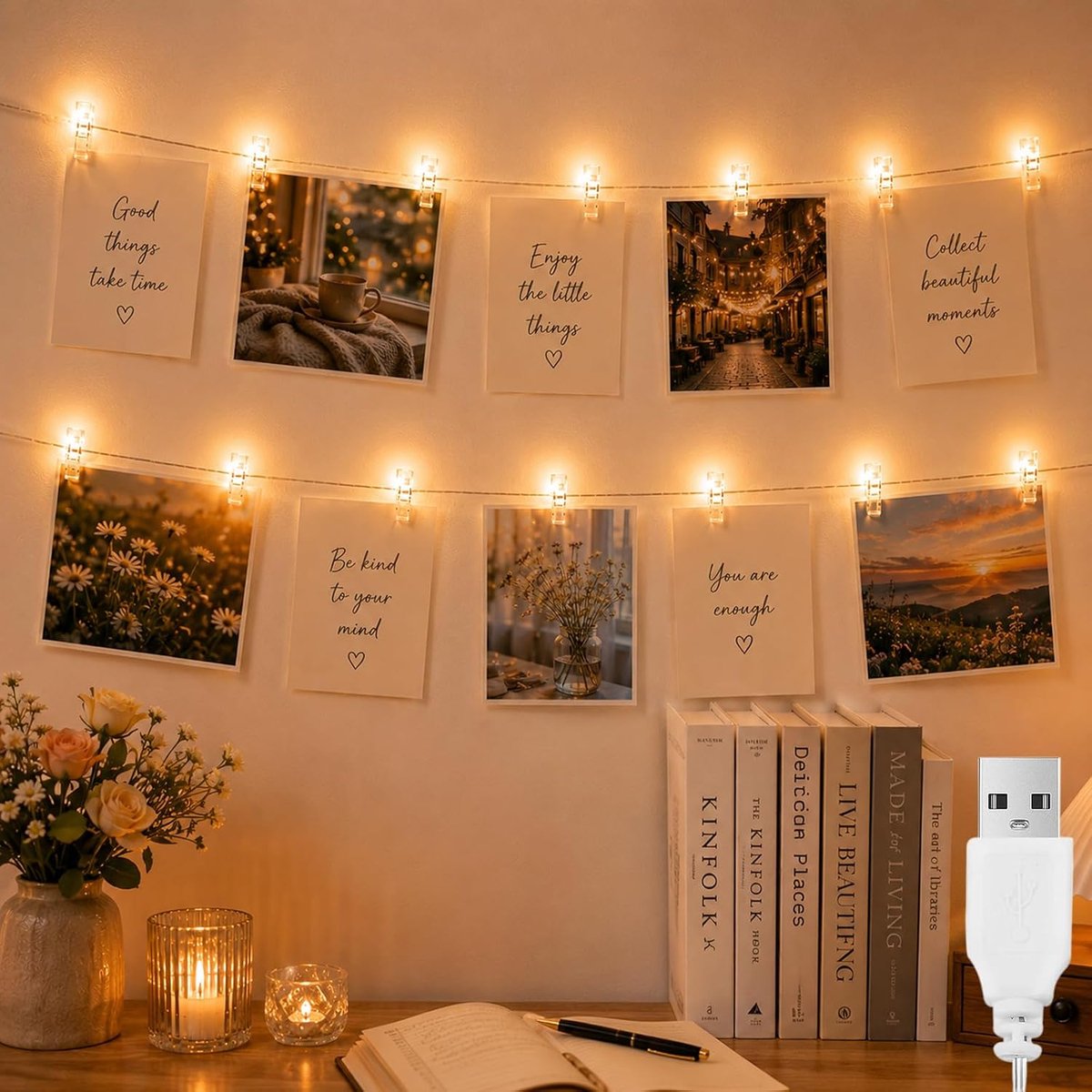 ALEGRE® USB fotolichtsnoer met clips, 2 m, 20 leds, lichtketting, foto's, slinger, warmwit, fotolichtketting voor - ShopVlot