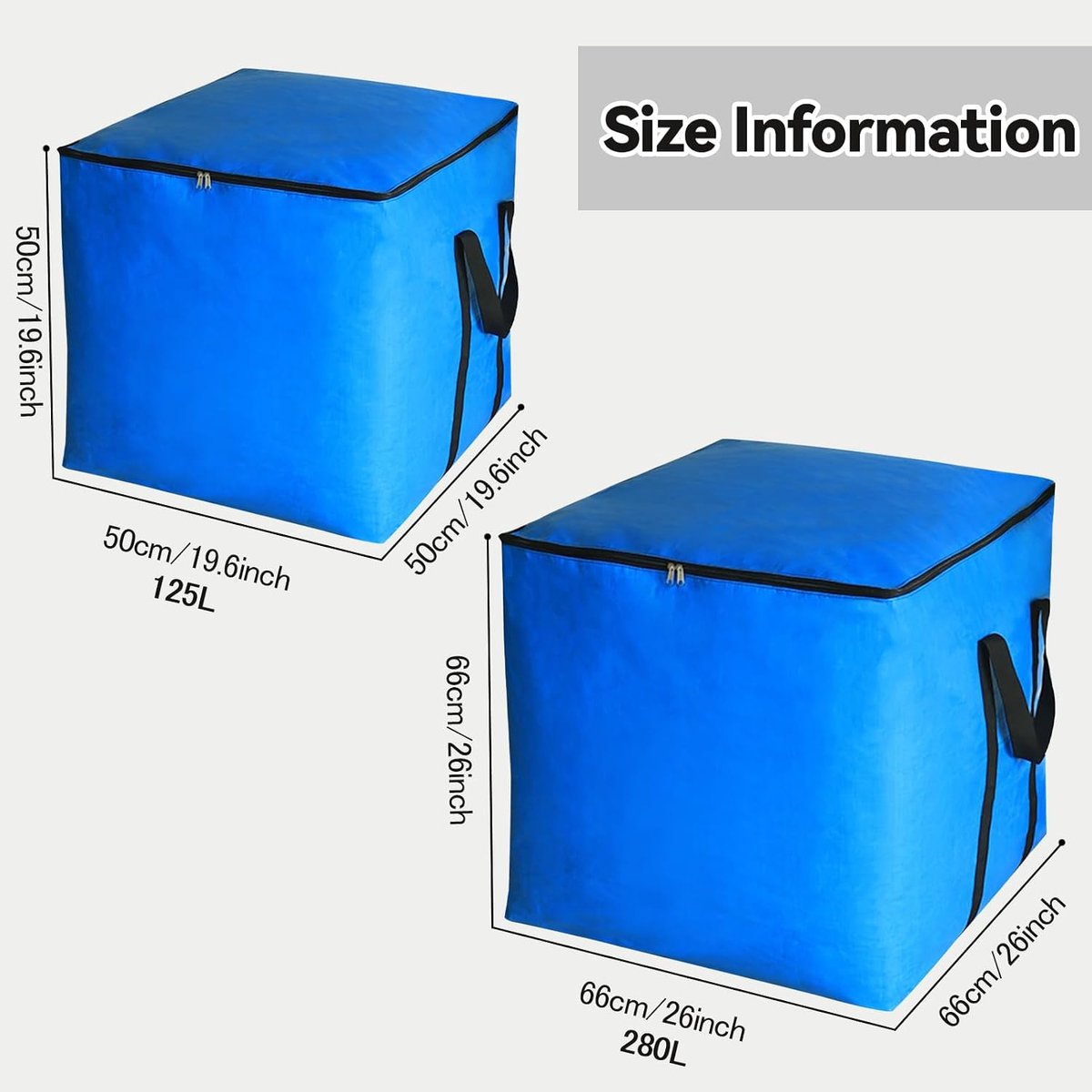 Blue Storage Bag, 50 x 50 x 50 cm, 125 L, with Lid and Handles, Foldable Storage Box with Zip - ShopVlot
