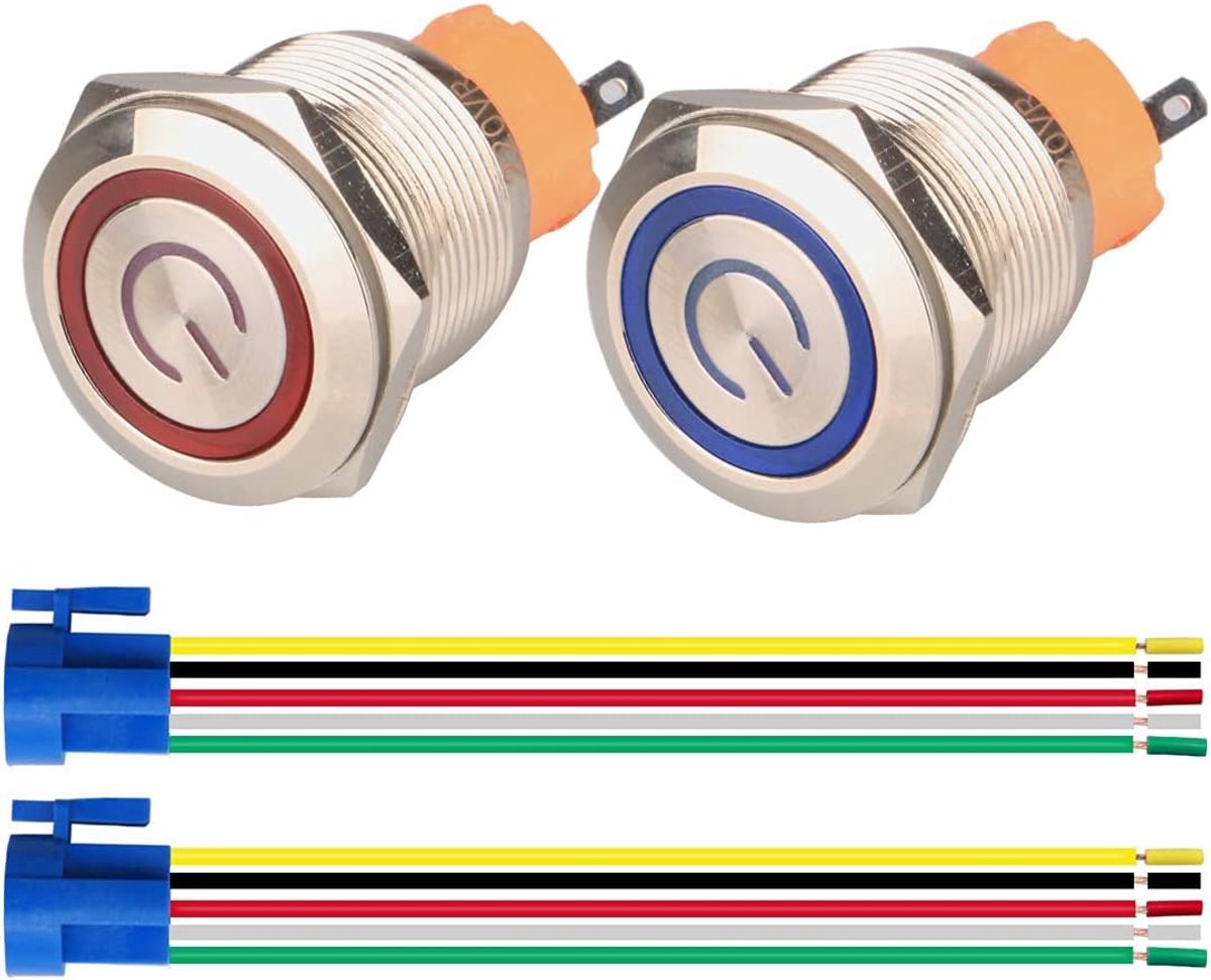 GUUZI 2pcs Locking Push Button 1NO1NC Waterproof Stainless Steel 220V-230V/5A LED Illuminated Switch with Wire Socket - ShopVlot