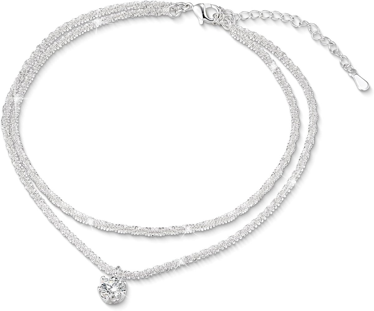 ALEXCRAFT Glitter Ankle Straps for Women, 925 Silver Anklets, Length 21+5 cm - ShopVlot