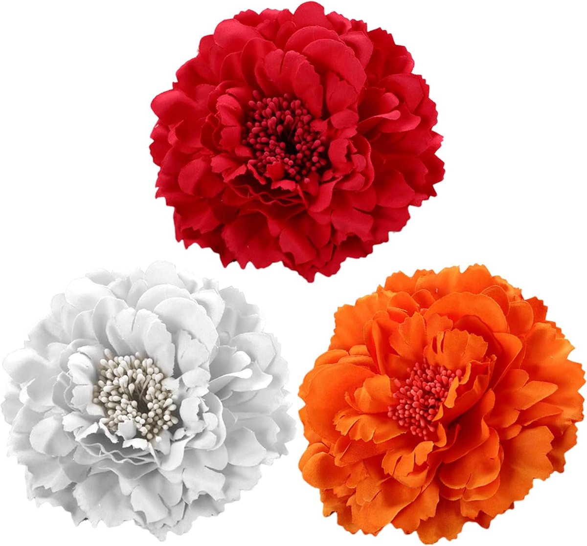 Haarspelden 11 cm - Peony bloemen - Rood, wit en oranje - Perfect voor strohoedaccessoires - ShopVlot