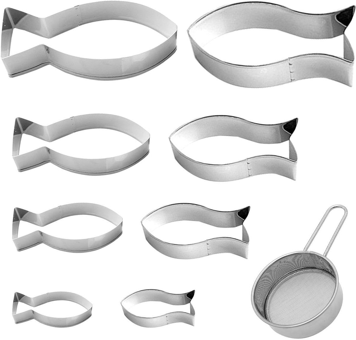 Koekjesuitstekers Kleine Vis - 8 Stuks - Zilver - Inclusief Poedersuikerzeef - ShopVlot
