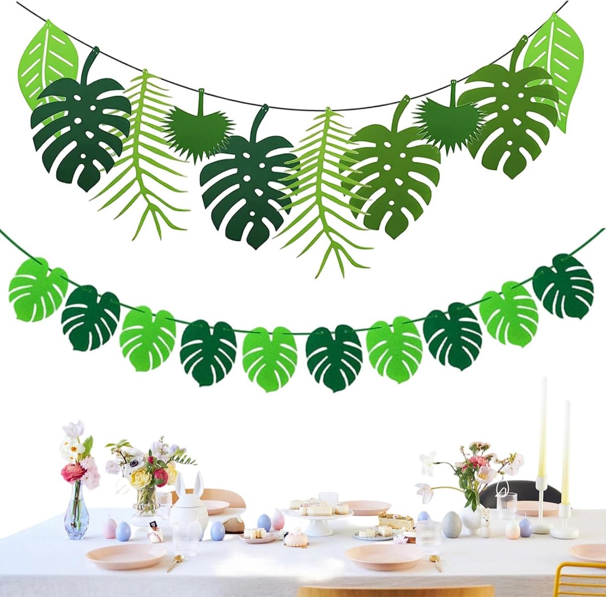 Tropische slingerbladeren 2 stuks - grote groene decoratiebladeren 19x10,5 cm - ideaal voor zomerevenementen - ShopVlot