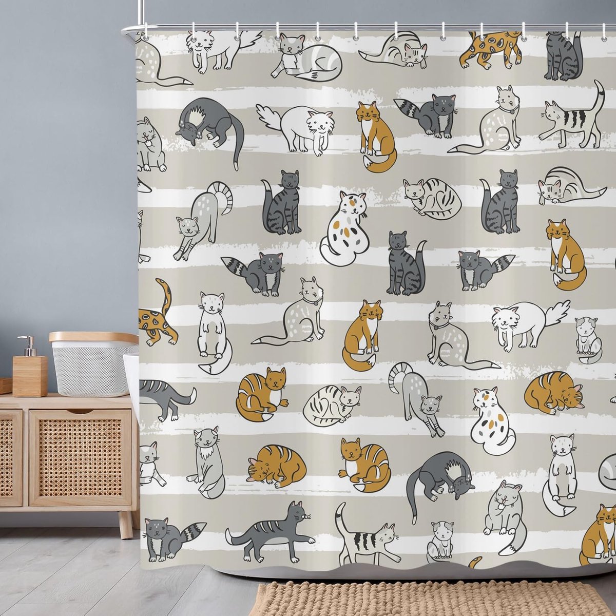 Douchegordijn kat 180 x 180 cm - kleurrijke cartoon kittens - waterdicht polyester - vrolijke badkameraccessoire - ShopVlot