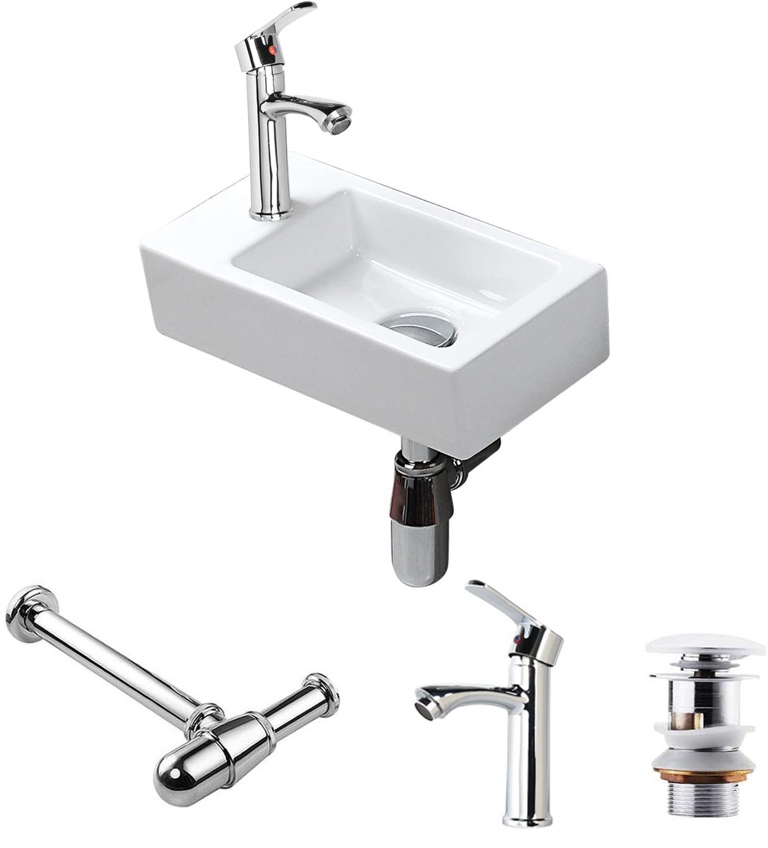 Rechthoekige Keramische Wastafel met Kraan en Afval voor Badkamer en Toilet – Eenvoudig Ontwerp en Gemakkelijk Schoon te Maken