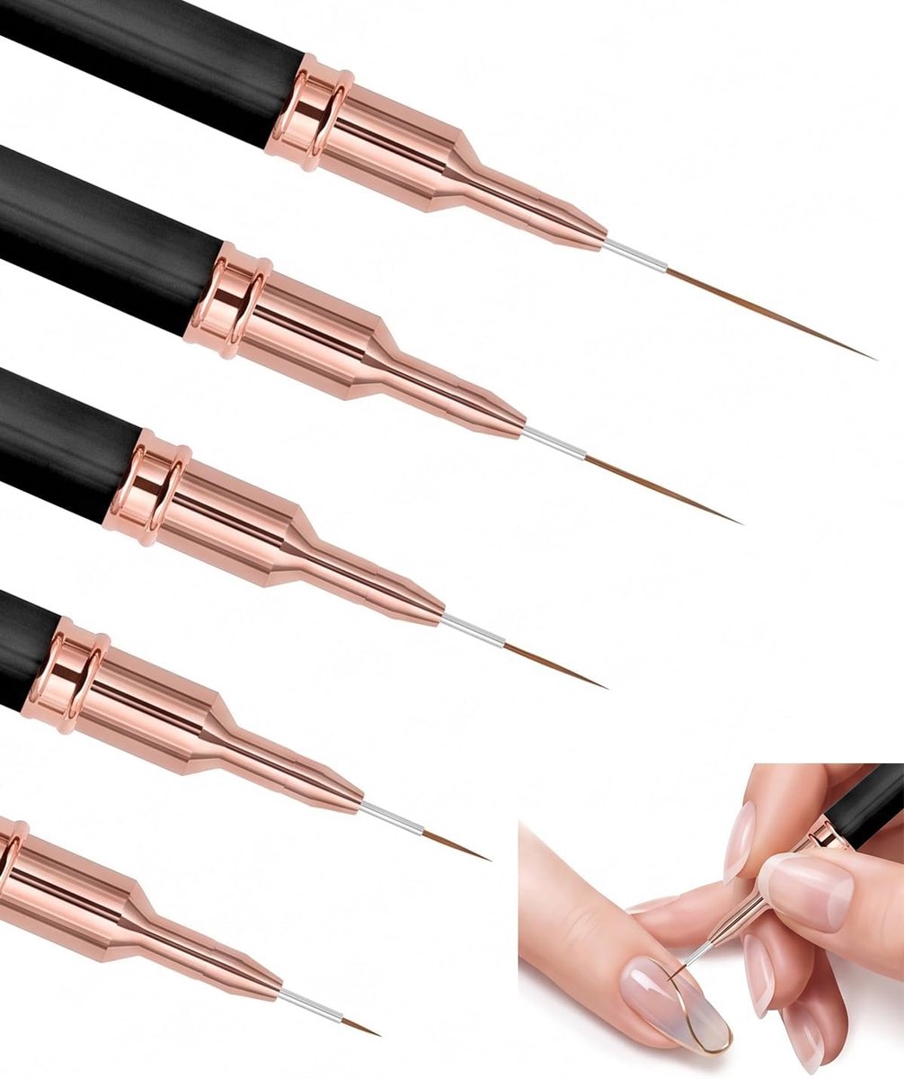 Nagelkunst kwasten set - ultradun, 5 stuks - met metalen handvat - perfect voor French manicure - ShopVlot