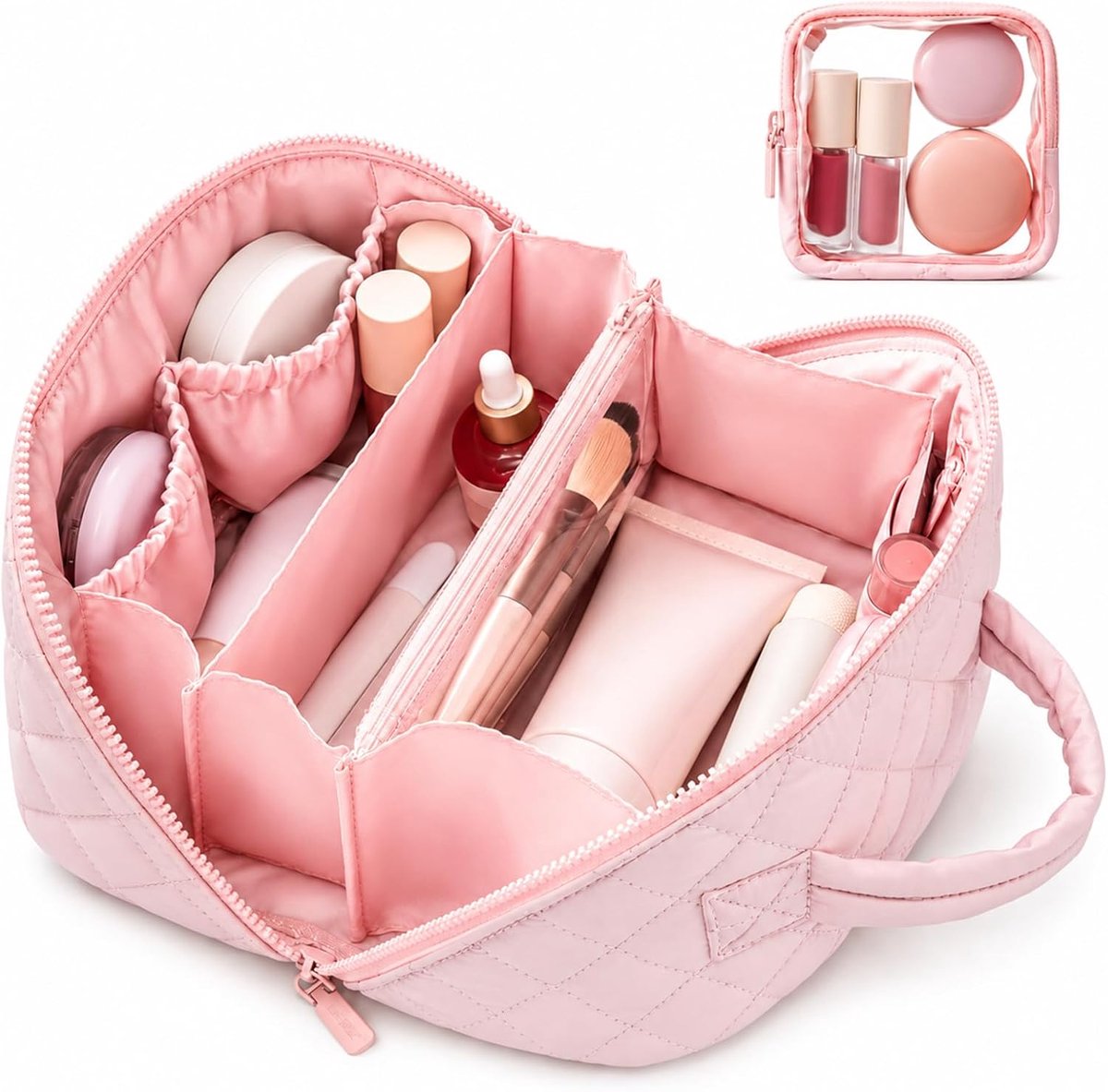 cosmeticatas 2 stuks - roze - gewatteerde look - opent 180 graden - handtasvriendelijk - ShopVlot