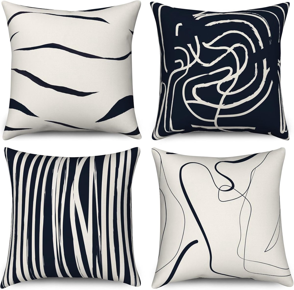 Cushion cover 40 x 40 cm set van 4 - kunstmatige lijnen donkerblauw/wit - wasbaar polyester - perfect voor decoratie - ShopVlot