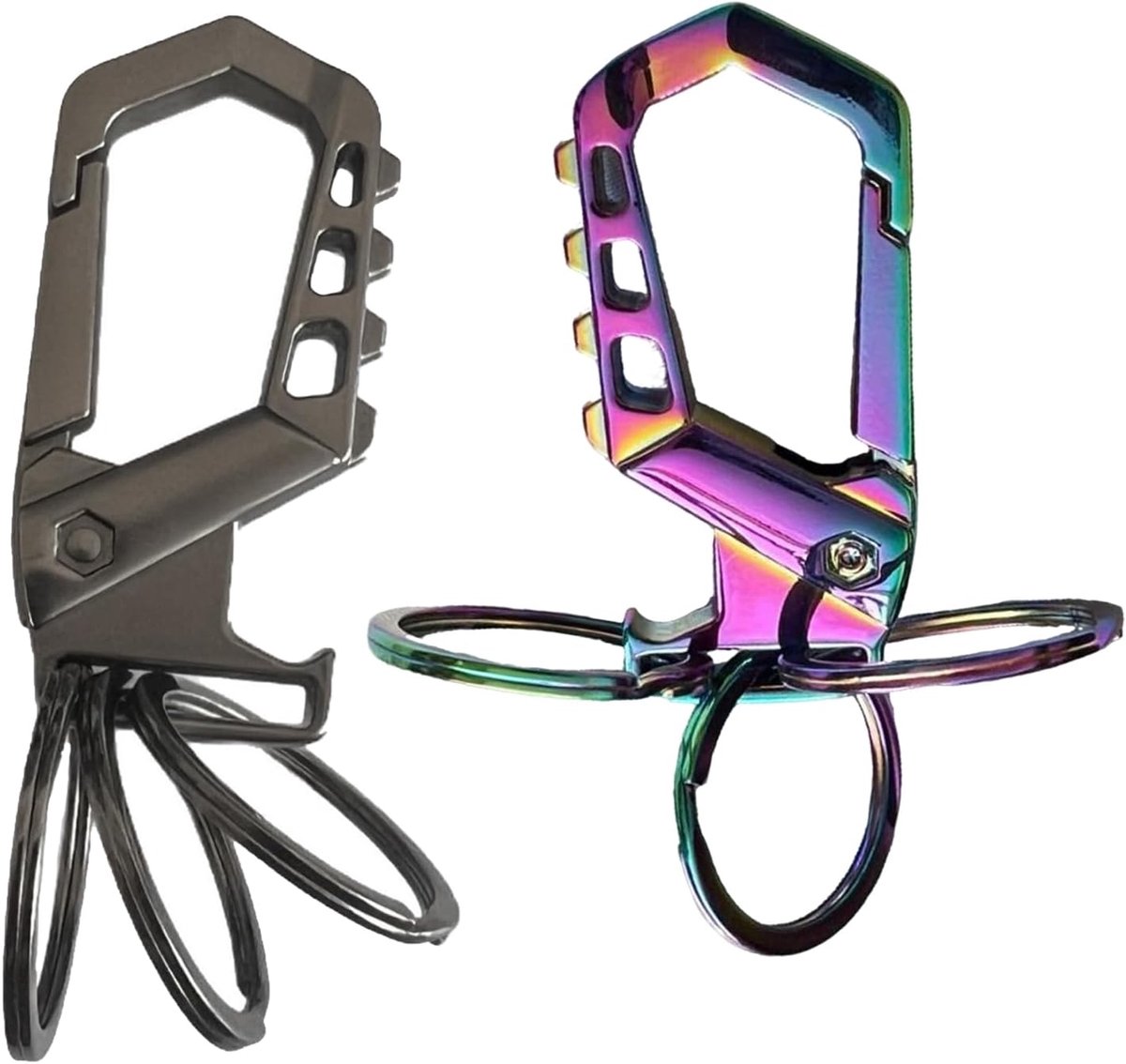 SnelShoppen - 2 Stuks Sleutelhangers Karabijnsleutelring met Flessenopener, Robuuste Sleutelhangers voor Kamperen, Outdoor Activiteiten, Rvs, Handig,