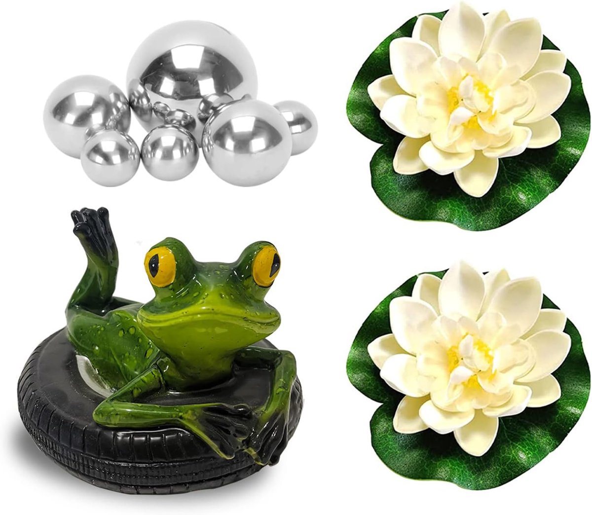 Tuindecoratie mini vijver set - zwemmende kikkers met zilveren ballen - EVA lotusbloemen - sfeervolle vijveraccessoires - ShopVlot