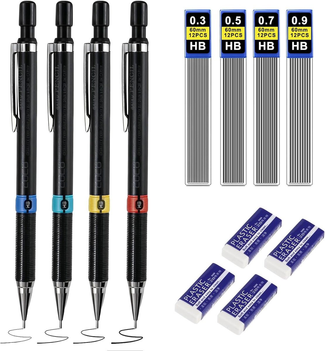 vulpotloodset 4 stuks - 0,3/0,5/0,7/0,9 mm - met HB vullingen en gummen - ideaal voor tekenen en schetsen - ShopVlot