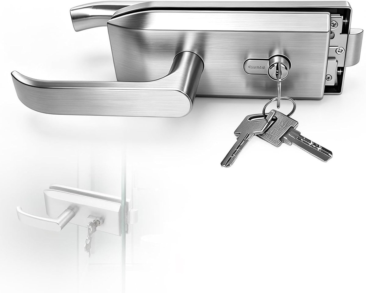 Glazen deurslot - Zilver - Geschikt voor 8-12 mm glas - Mat roestvrij staal met Schuifgreep - Voor Kantoor, Badkamer, Slaapkamer, Balkon