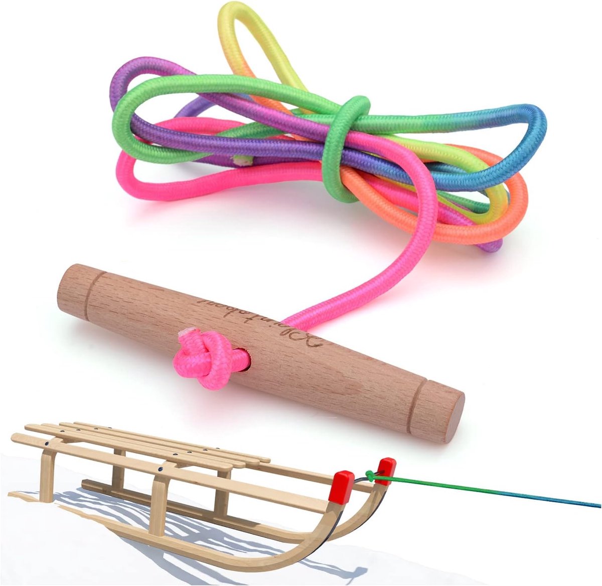 Slekoord met handvat 180 cm - Leer touw in regenboogkleur - Extra breed berken handvat - Perfect voor sleetje rijden - ShopVlot