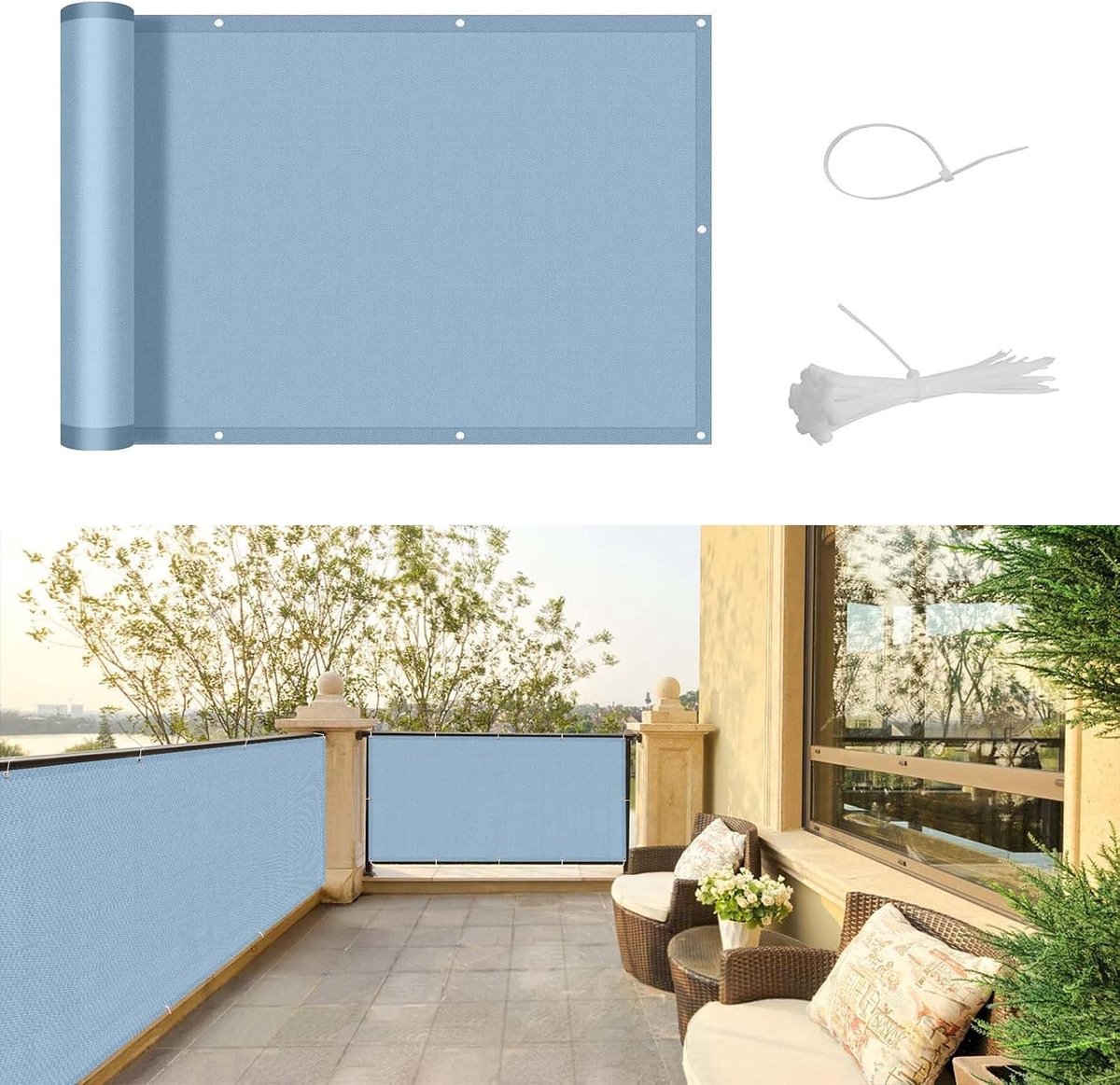 Balkonscherm - Grijs blauw - 90 x 600 cm - Waterdichte Inkijkbescherming met Oogjes - Voor Balkon, Tuin en Terras