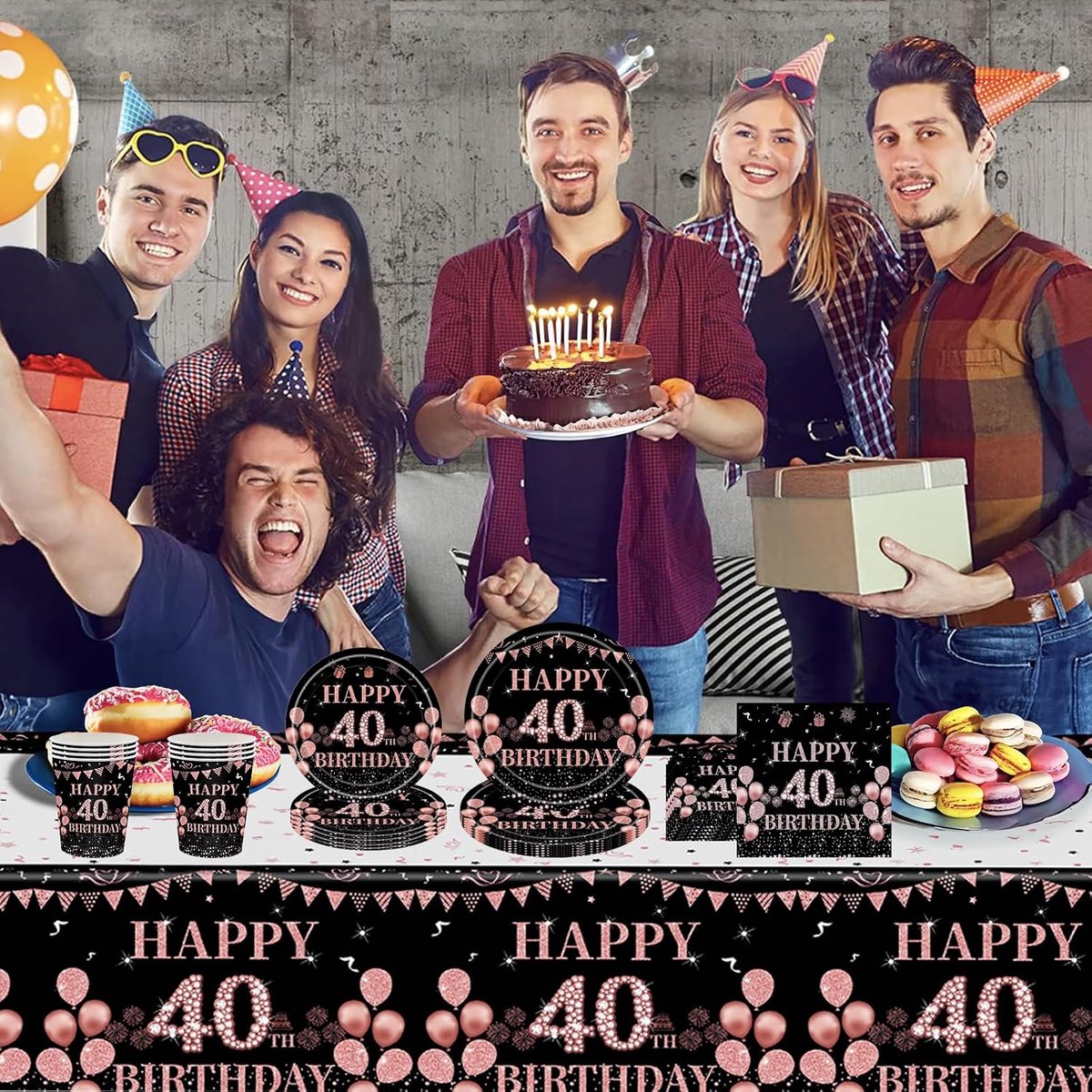 Papieren bordjes 23cm - zwart roségoud - 16 stuks - feestelijk voor 40e verjaardag - m-winkel
