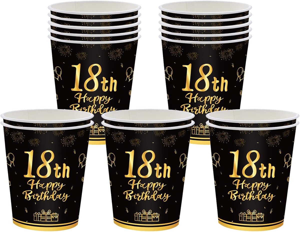Papercups Happy 18e Verjaardag - Zwart Goud - 16 Stuks - Feestelijke Decoratie voor Verjaardagsfeest - ShopVlot